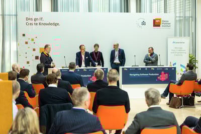 Carsten Rossbach of Roland Berger kicking off the Navigating Software Production event at the HPI-1